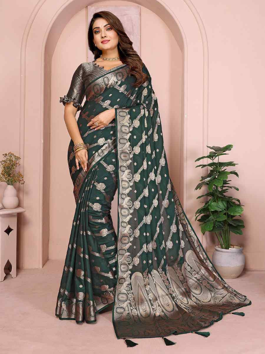 Green Soft Georgette Silk Handwoven Festival Wedding Fancy Heavy Border Saree