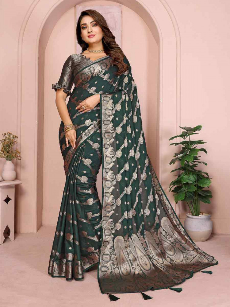 Image of Green Soft Georgette Silk Handwoven Festival Wedding Fancy Heavy Border Saree
