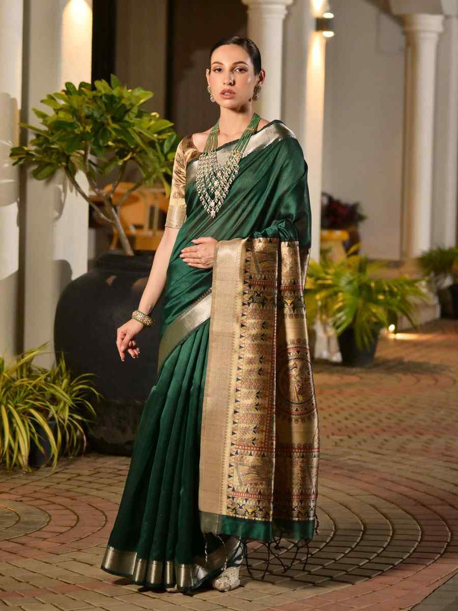 Green Soft Khadi Raw Silk Printed Zari Handwoven Festival Wedding Fancy Heavy Border Saree