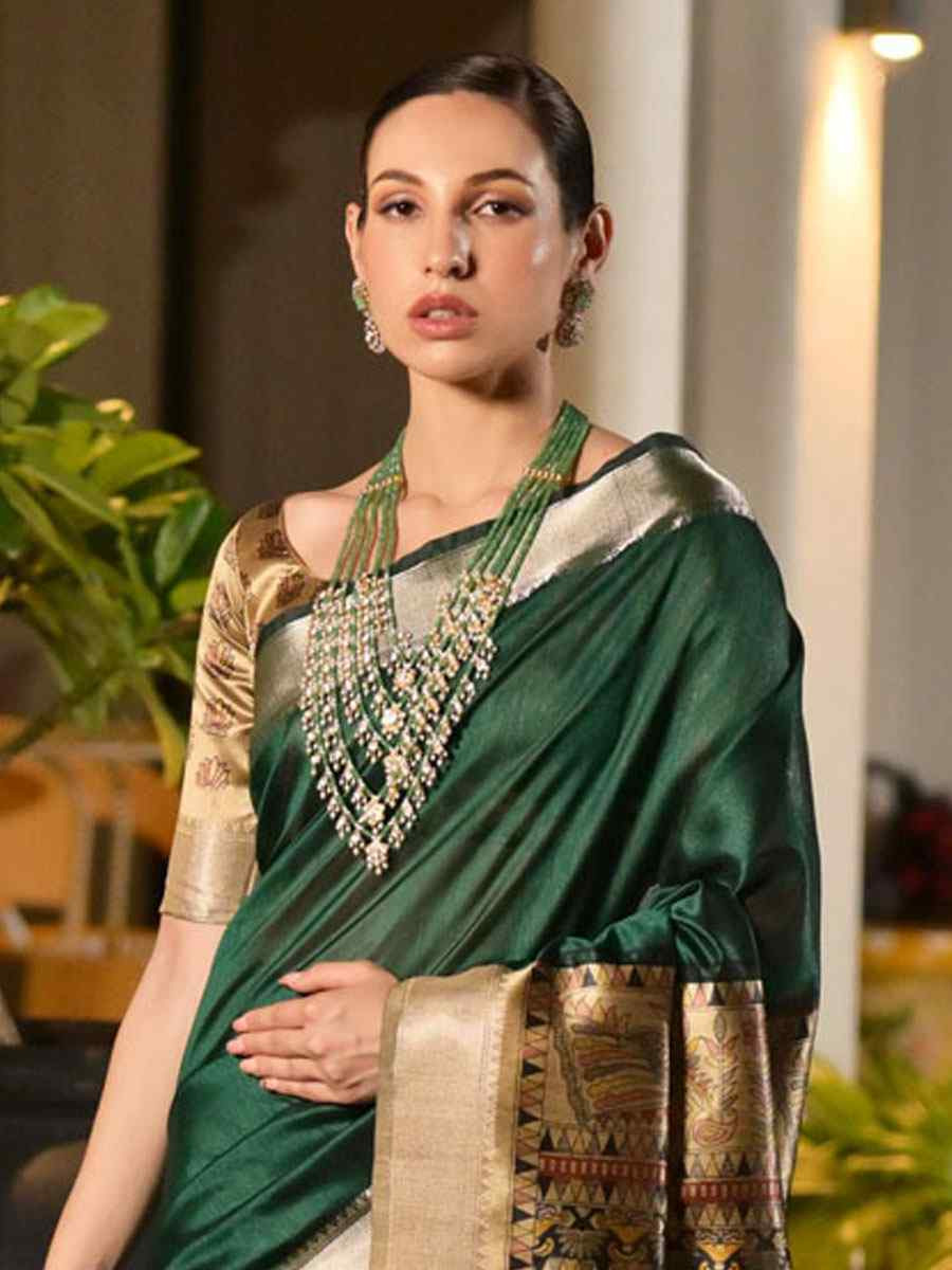 Green Soft Khadi Raw Silk Printed Zari Handwoven Festival Wedding Fancy Heavy Border Saree