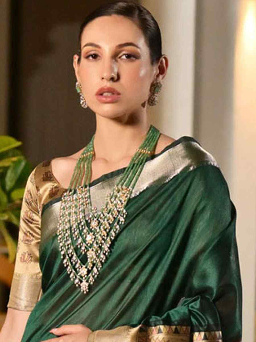 Green Soft Khadi Raw Silk Printed Zari Handwoven Festival Wedding Fancy Heavy Border Saree