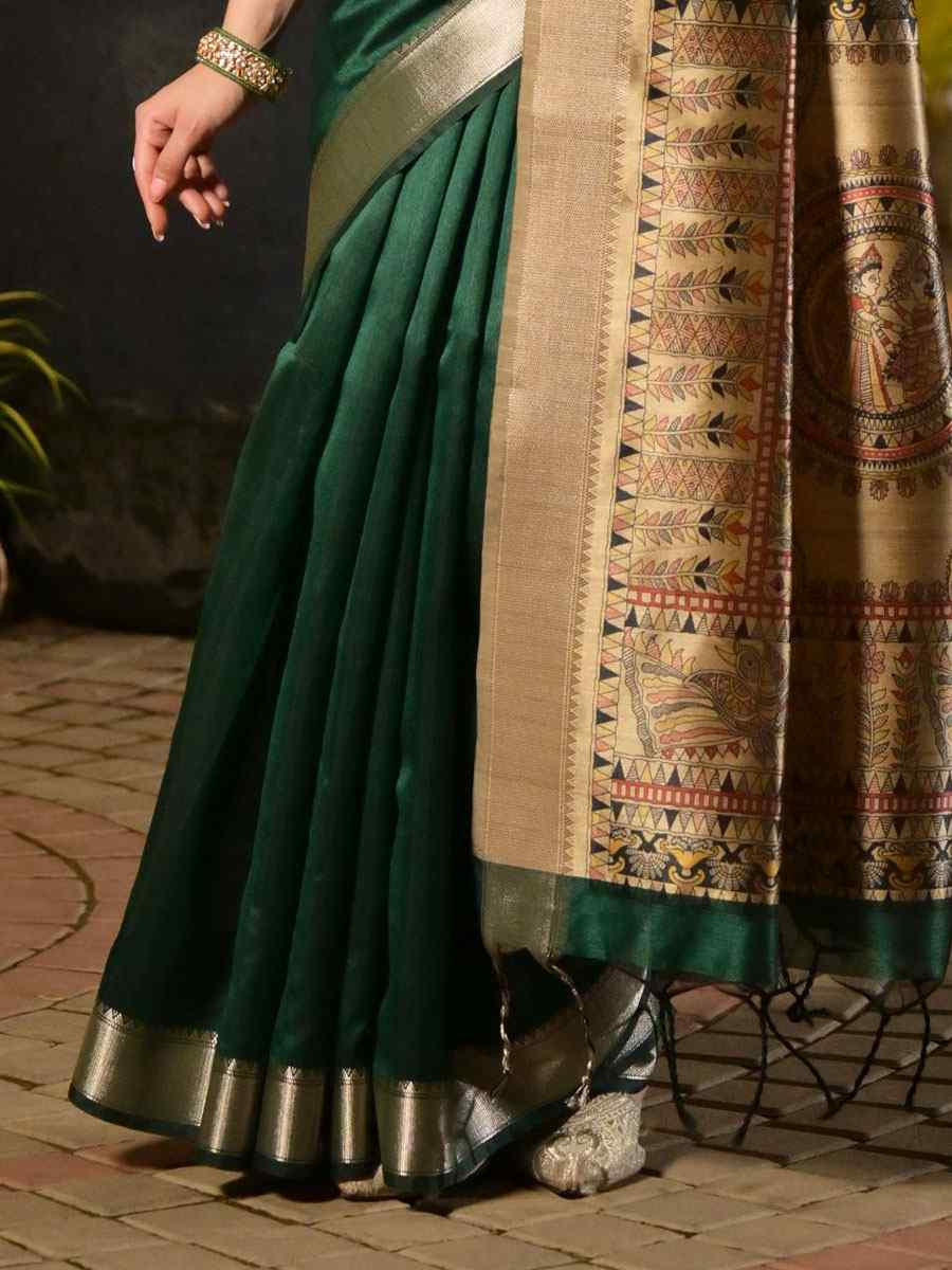Green Soft Khadi Raw Silk Printed Zari Handwoven Festival Wedding Fancy Heavy Border Saree