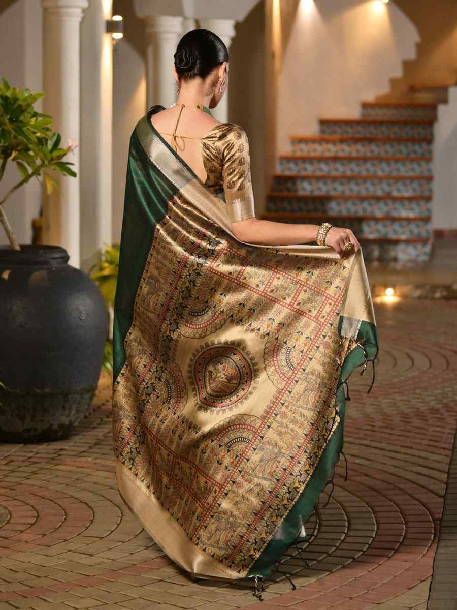 Green Soft Khadi Raw Silk Printed Zari Handwoven Festival Wedding Fancy Heavy Border Saree