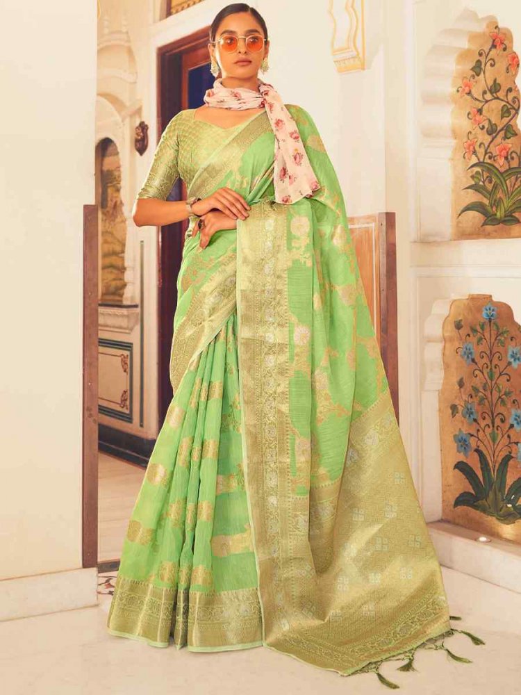 Green Soft Linen Printed Casual Festival Classic Style Saree