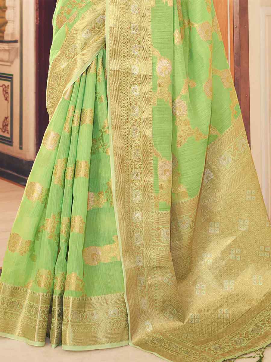 Green Soft Linen Printed Casual Festival Classic Style Saree