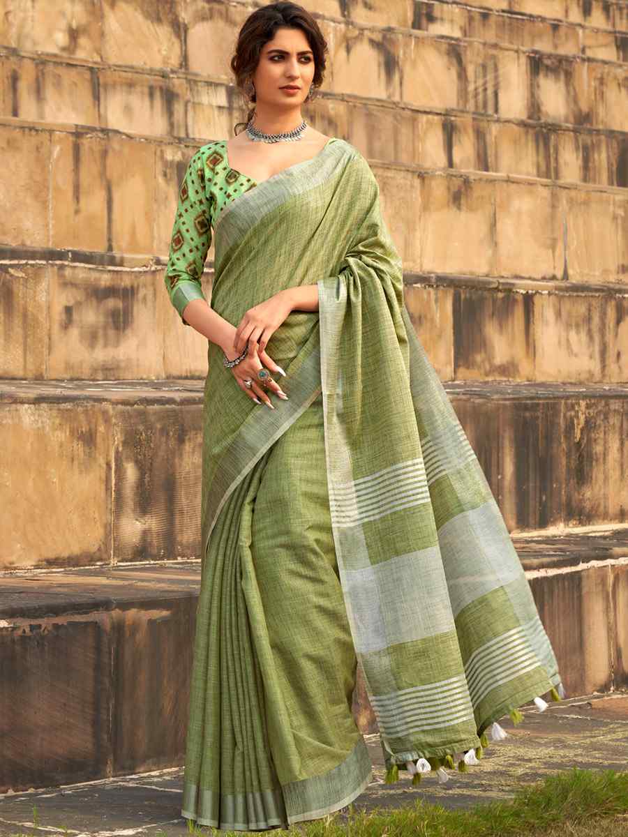 Green Soft linen Silk Printed Casual Festival Contemporary Saree