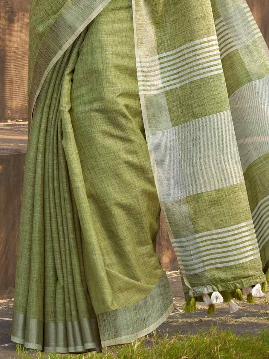 Green Soft linen Silk Printed Casual Festival Contemporary Saree