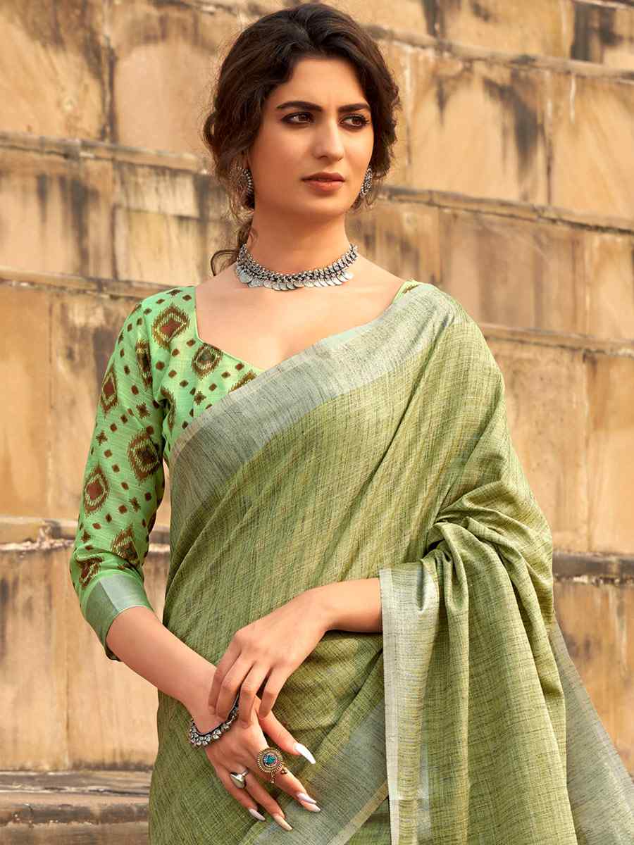 Green Soft linen Silk  Printed Casual Festival Contemporary Saree