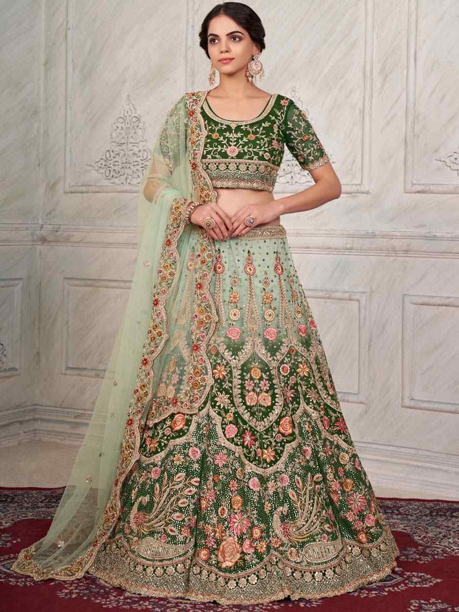 Green Soft Net Embroidered Bridal Reception Heavy Border Lehenga Choli