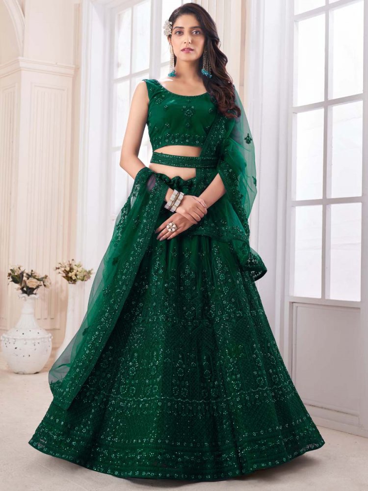 Green Soft Net Embroidered Engagement Wedding Heavy Border Lehenga Choli