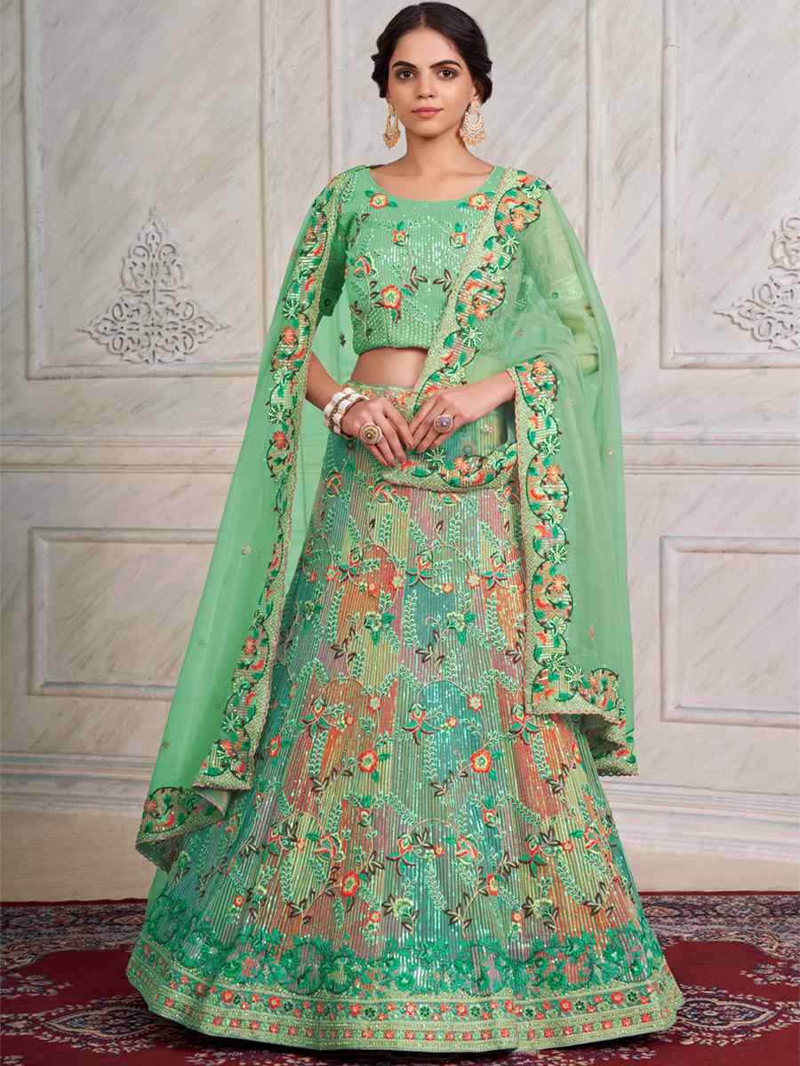Green Soft Net Embroidered Festival Wedding Circular Lehenga Choli