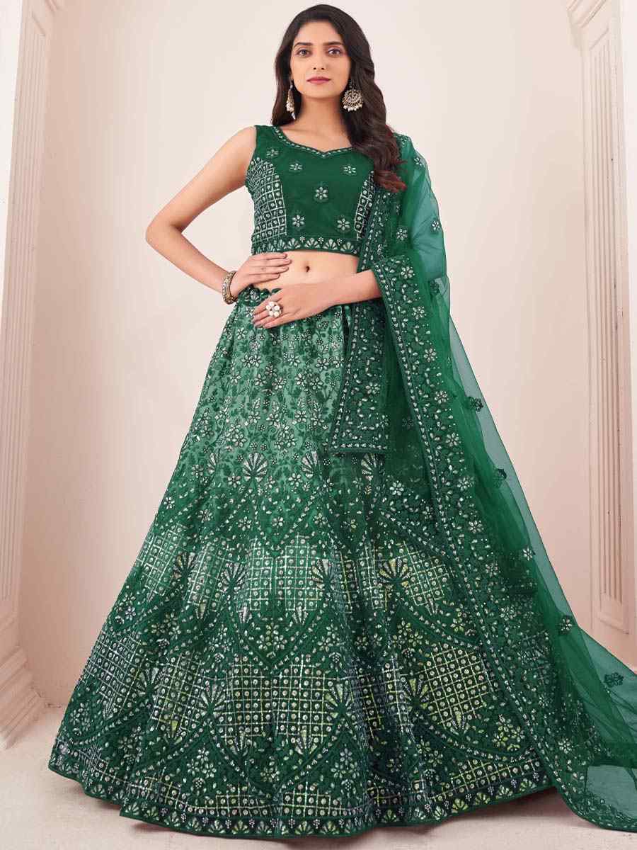 Green Soft Net Embroidered Festival Wedding Circular Lehenga Choli