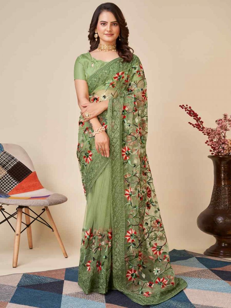 Green Soft Net Embroidered Party Festival Classic Style Saree