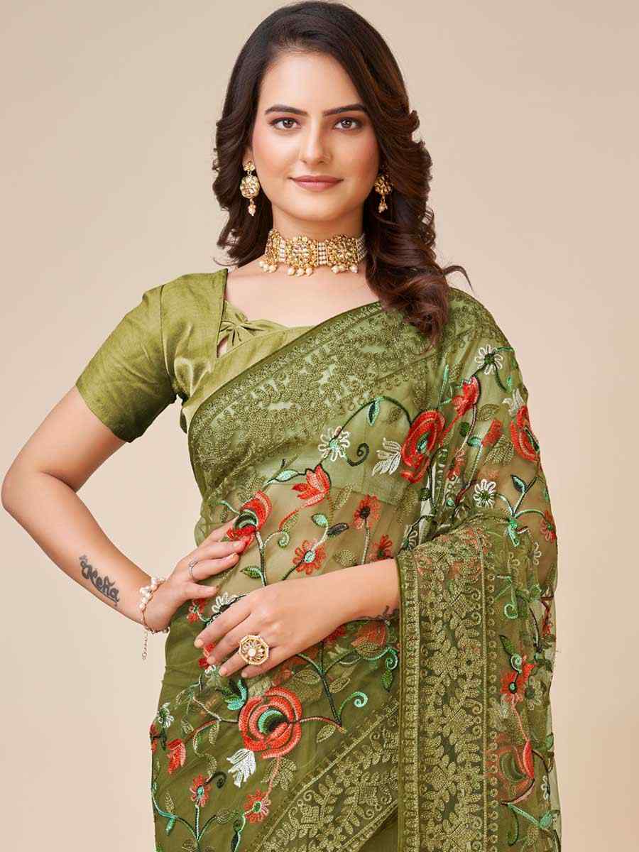 Green Soft Net Embroidered Party Festival Heavy Border Saree