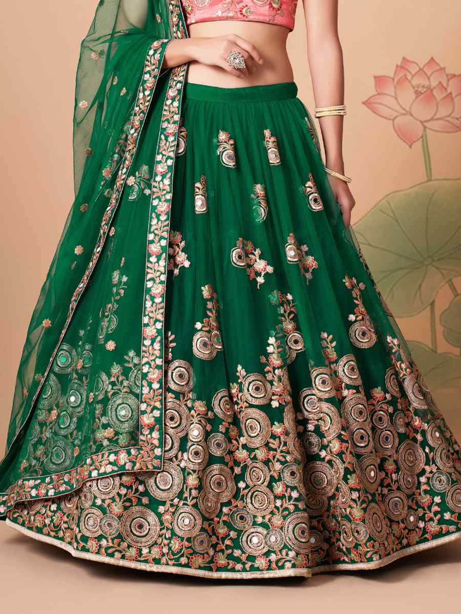 Green Soft Net Embroidered Reception Festival Heavy Border Lehenga Choli