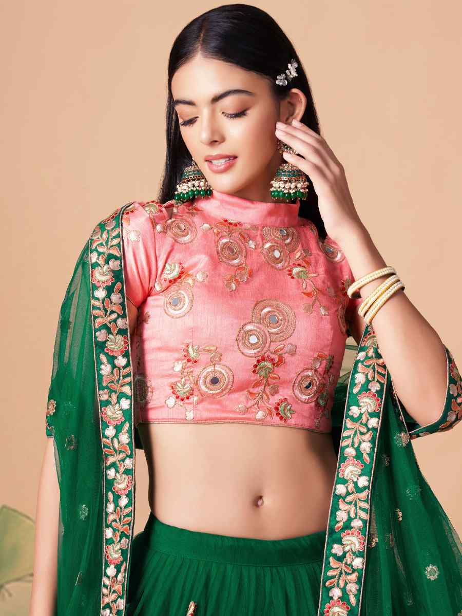 Green Soft Net Embroidered Reception Festival Heavy Border Lehenga Choli