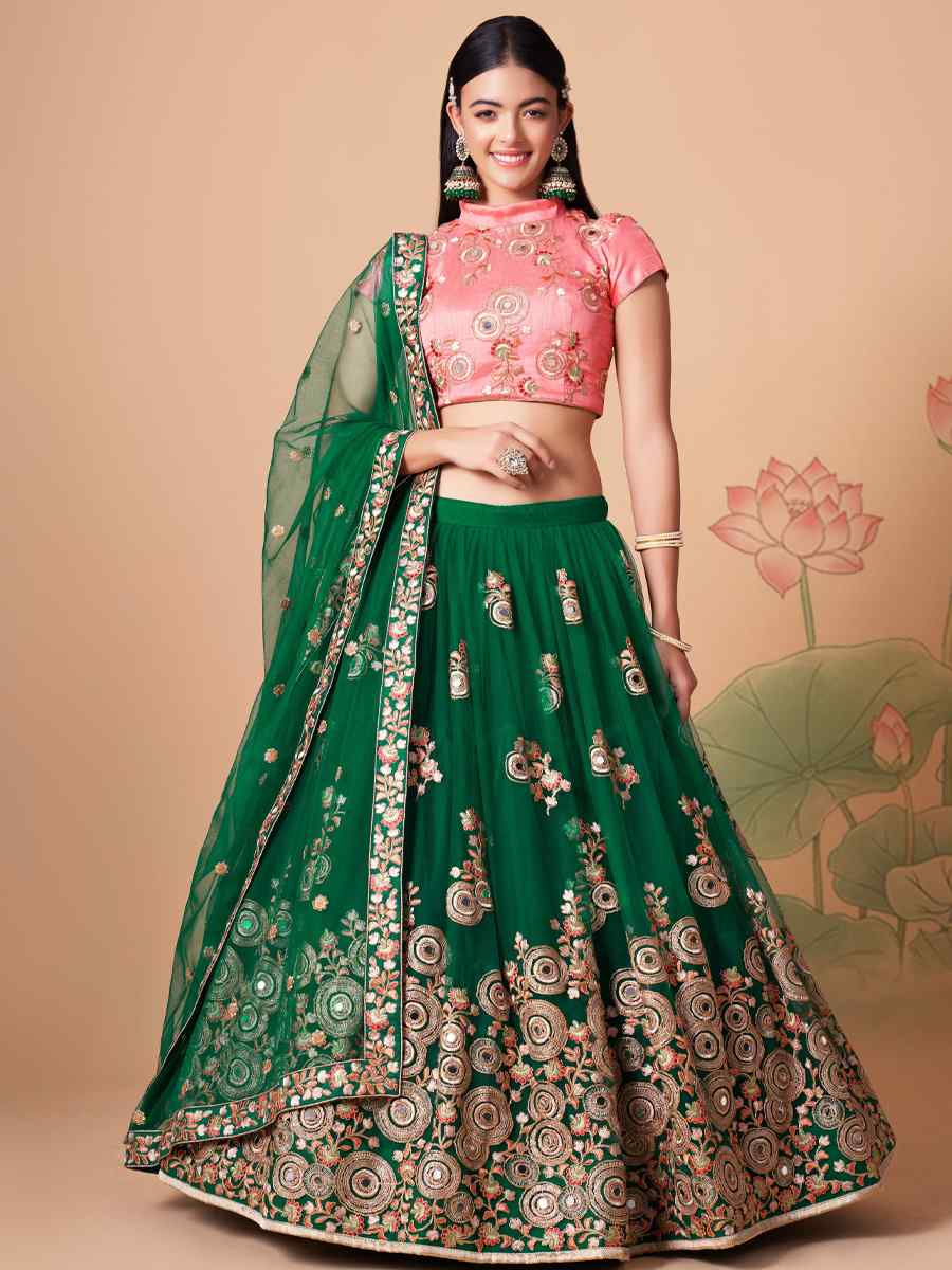 Green Soft Net Embroidered Reception Festival Heavy Border Lehenga Choli
