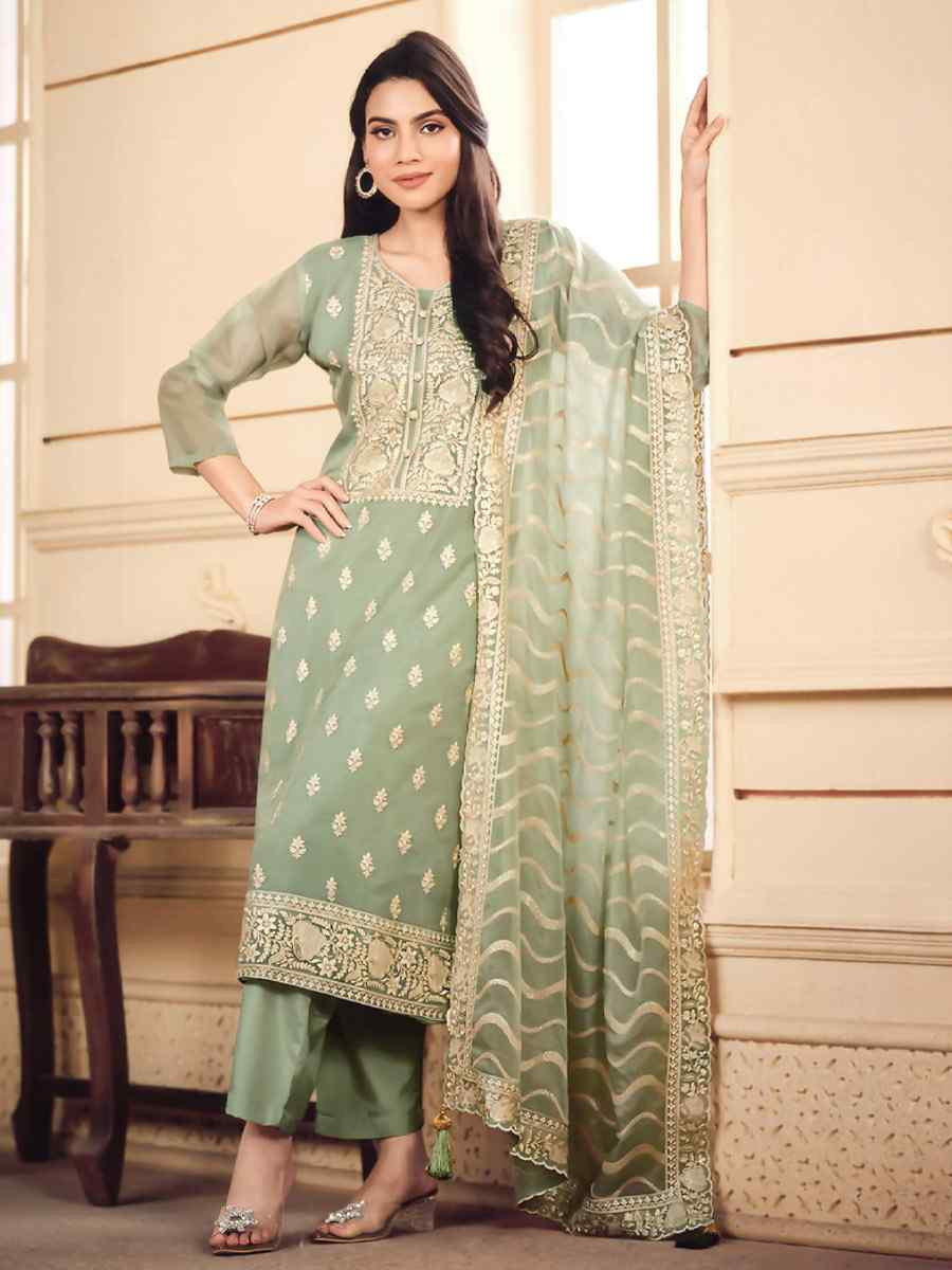 Green Soft Organza Embroidered Festival Wedding Pant Salwar Kameez