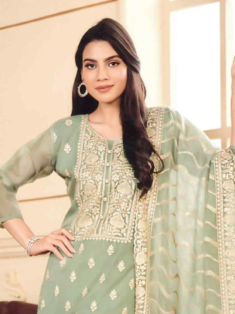 Green Soft Organza Embroidered Festival Wedding Pant Salwar Kameez