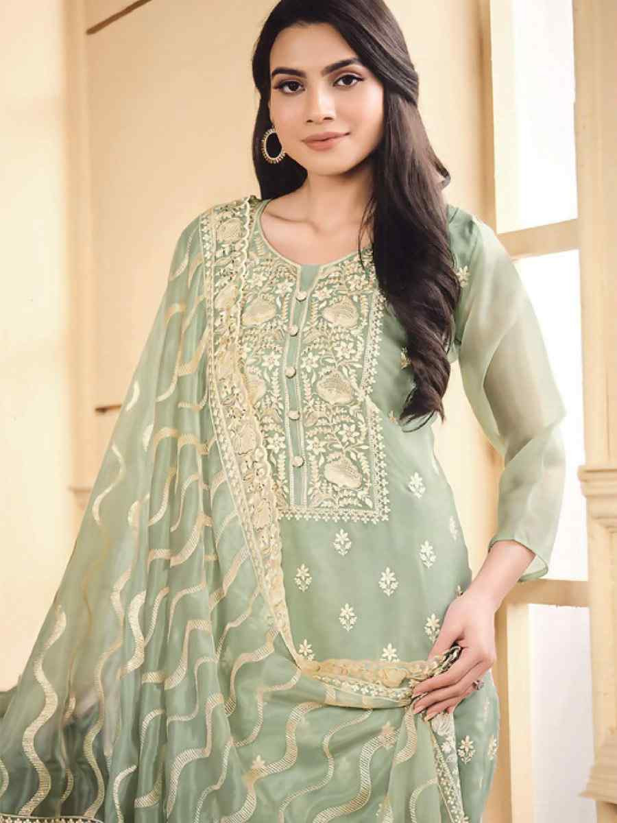 Green Soft Organza Embroidered Festival Wedding Pant Salwar Kameez
