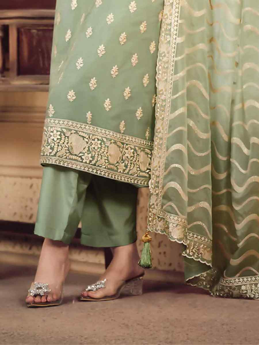 Green Soft Organza Embroidered Festival Wedding Pant Salwar Kameez