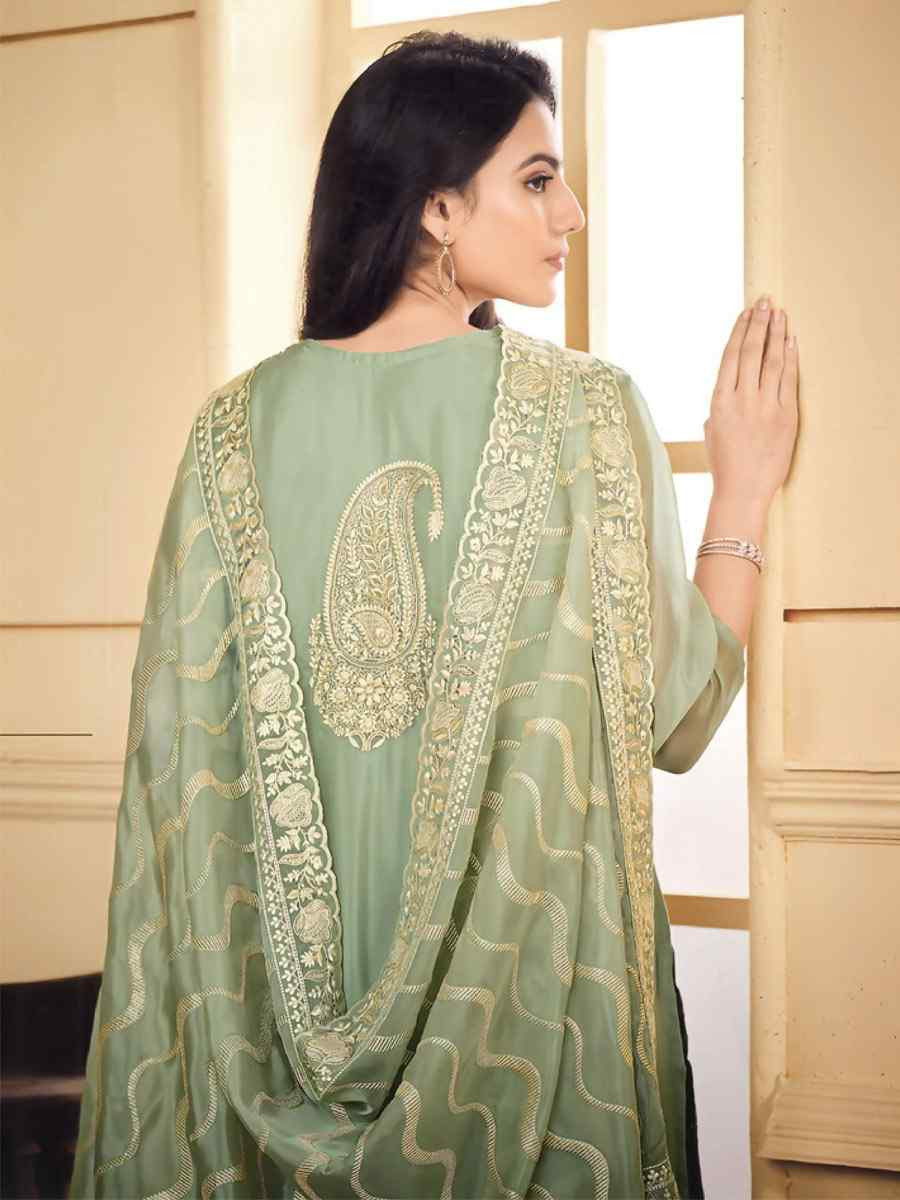 Green Soft Organza Embroidered Festival Wedding Pant Salwar Kameez