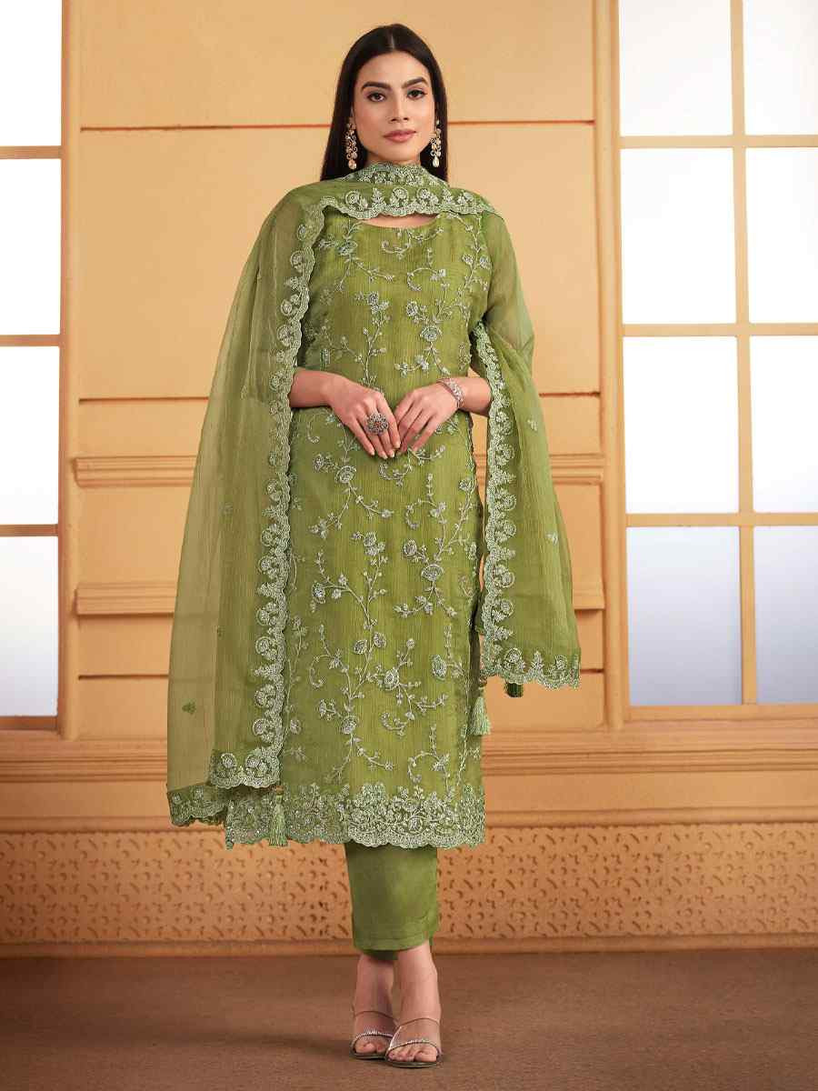 Green Soft Organza Embroidered Festival Wedding Pant Salwar Kameez