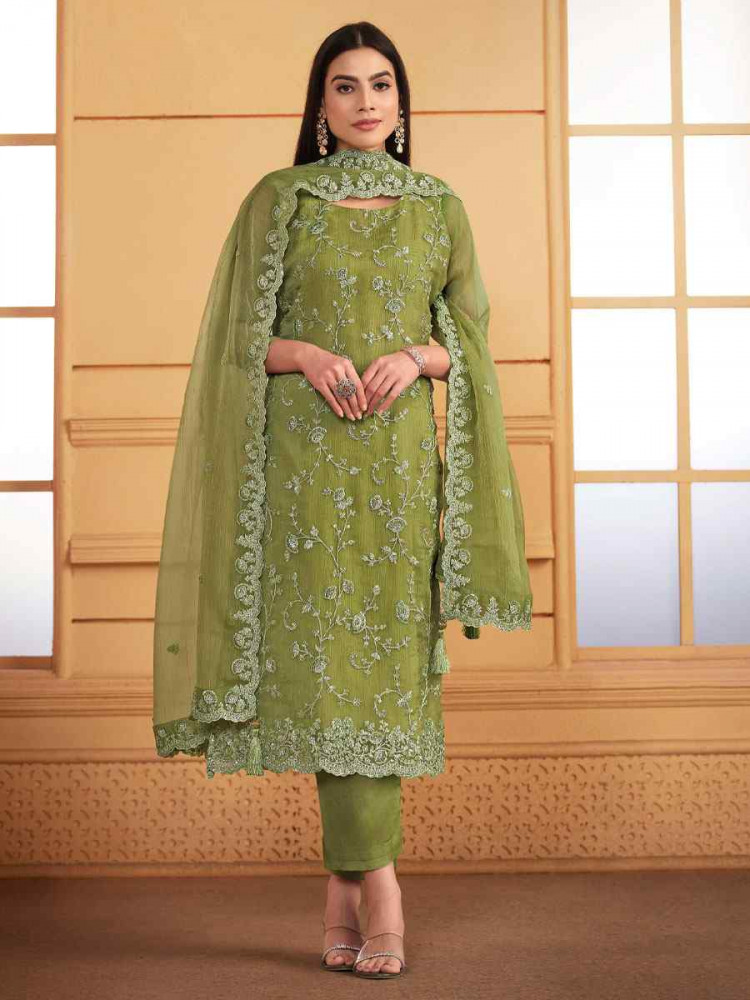 Green Soft Organza Embroidered Festival Wedding Pant Salwar Kameez