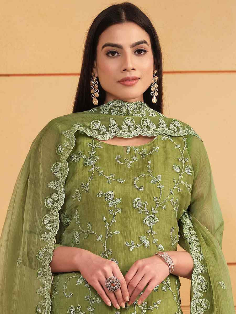 Green Soft Organza Embroidered Festival Wedding Pant Salwar Kameez