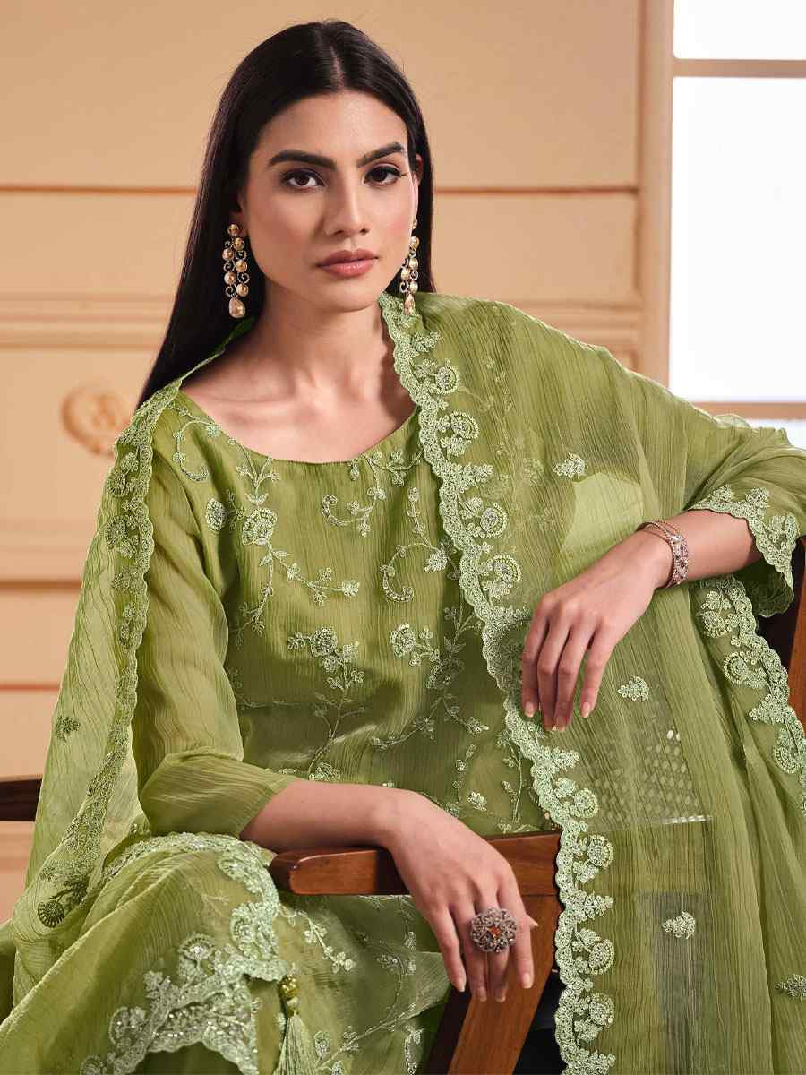 Green Soft Organza Embroidered Festival Wedding Pant Salwar Kameez