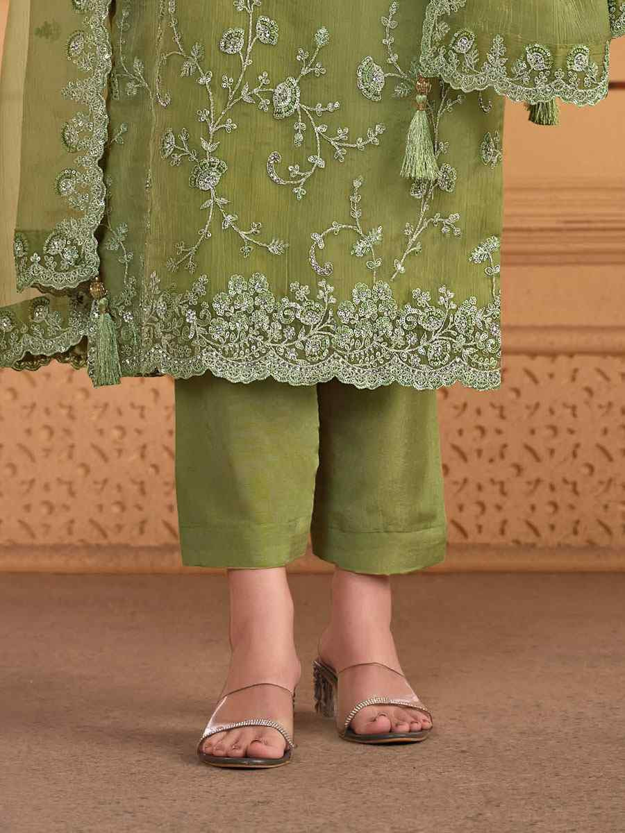 Green Soft Organza Embroidered Festival Wedding Pant Salwar Kameez