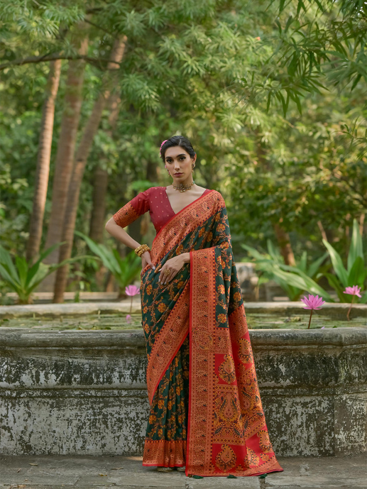 Image of Green Soft Pashmina Silk Zari Handwoven Casual Reception Festival Wedding Fancy Classic Heavy Border Sarees