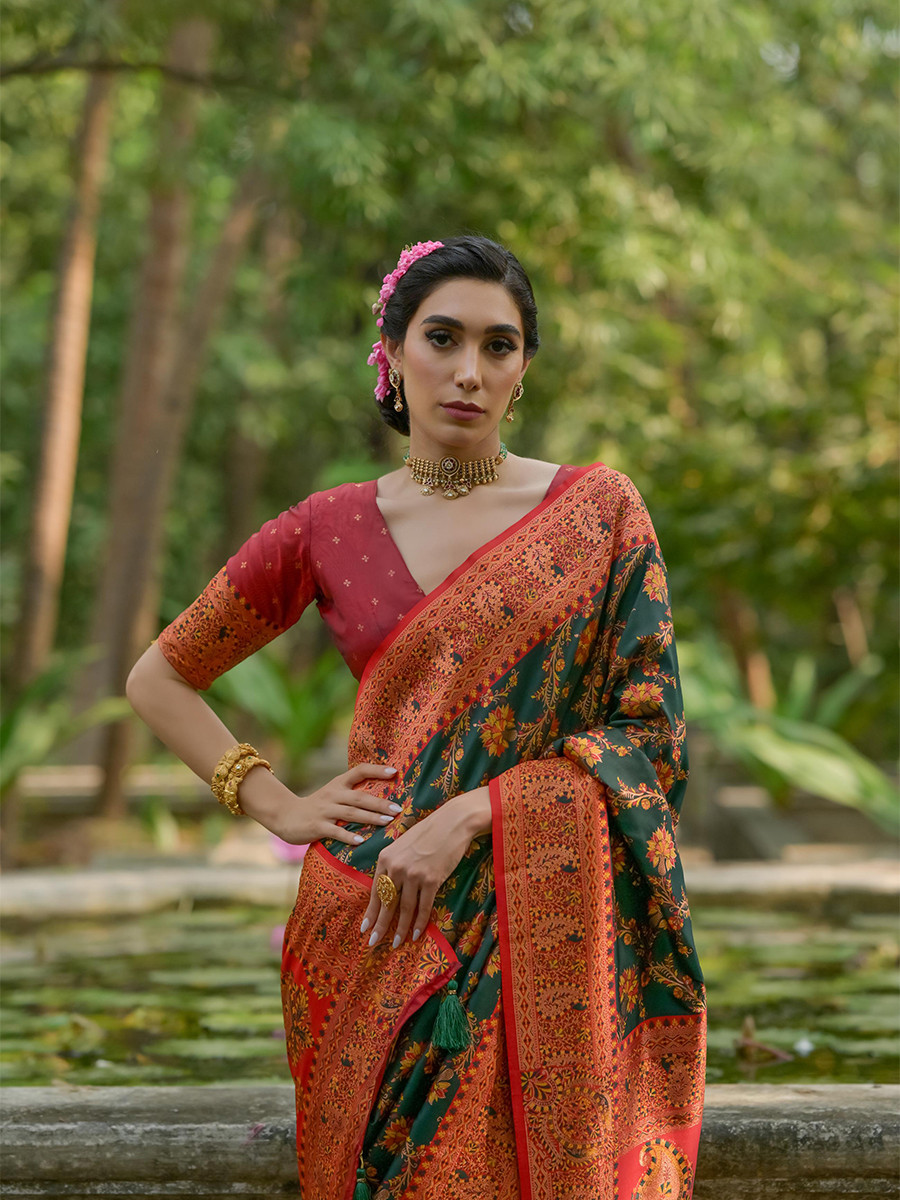 Green Soft Pashmina Silk Zari Handwoven Casual Reception Festival Wedding Fancy Classic Heavy Border Sarees