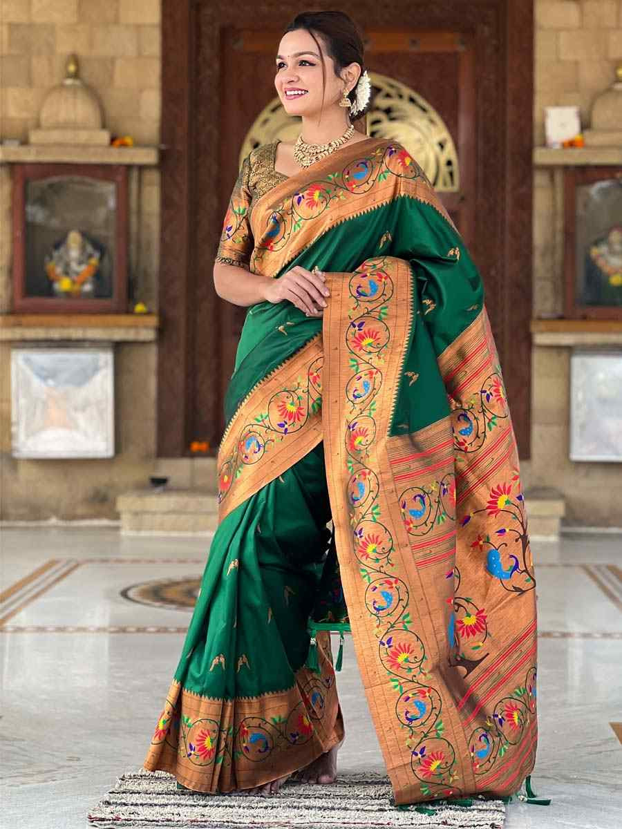 Green Soft Pathani Silk Handwoven Festival Wedding Fancy Heavy Border Saree
