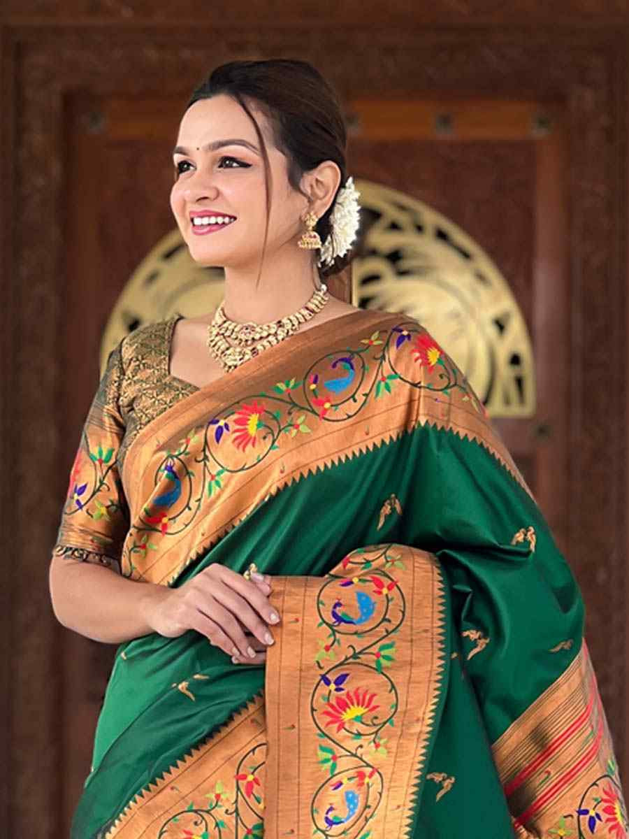 Green Soft Pathani Silk Handwoven Festival Wedding Fancy Heavy Border Saree