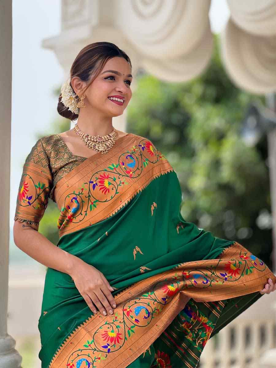 Green Soft Pathani Silk Handwoven Festival Wedding Fancy Heavy Border Saree