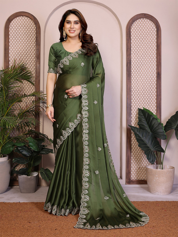 Image of Green Soft Satin Chiffon Embroidery Zari Sequins Wedding Festival Party Wear Heavy Border Sarees