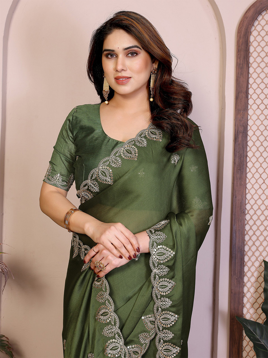 Green Soft Satin Chiffon Embroidery Zari Sequins Wedding Festival Party Wear Heavy Border Sarees