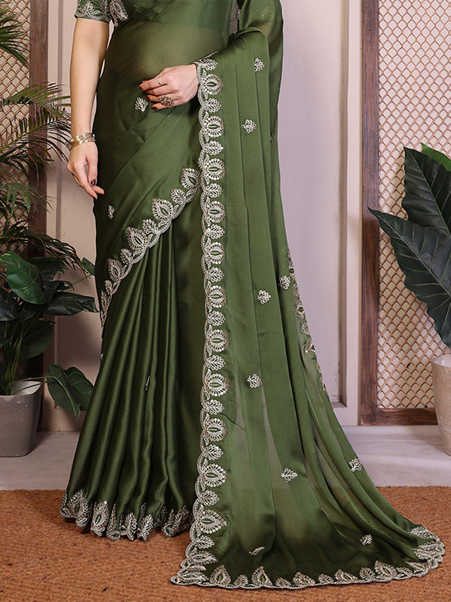 Green Soft Satin Chiffon Embroidery Zari Sequins Wedding Festival Party Wear Heavy Border Sarees