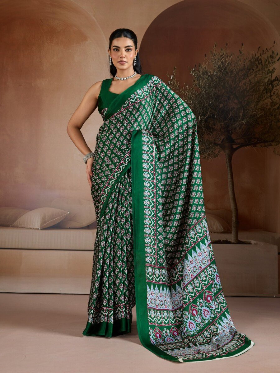Green Soft Satin Georgette Printed Wedding Reception Party Festival Casual Heavy Border Sarees