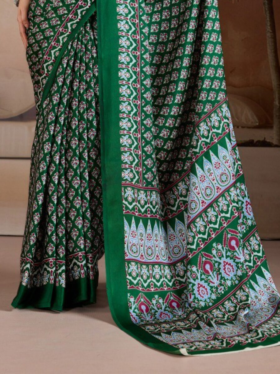 Green Soft Satin Georgette Printed Wedding Reception Party Festival Casual Heavy Border Sarees