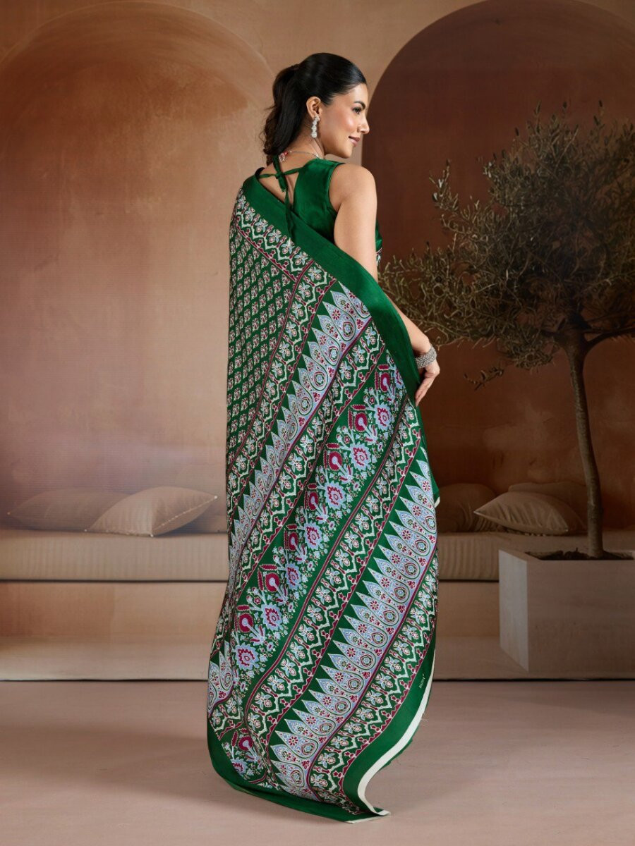 Green Soft Satin Georgette Printed Wedding Reception Party Festival Casual Heavy Border Sarees
