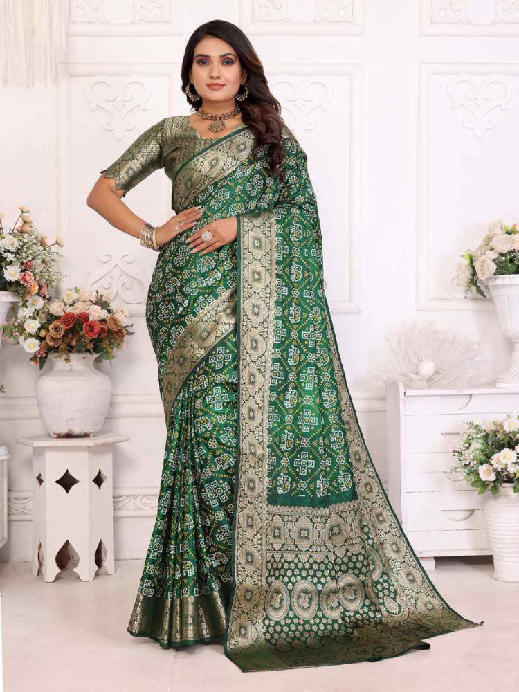 Image of Green Soft Satin Silk Handwoven Festival Wedding Fancy Heavy Border Saree