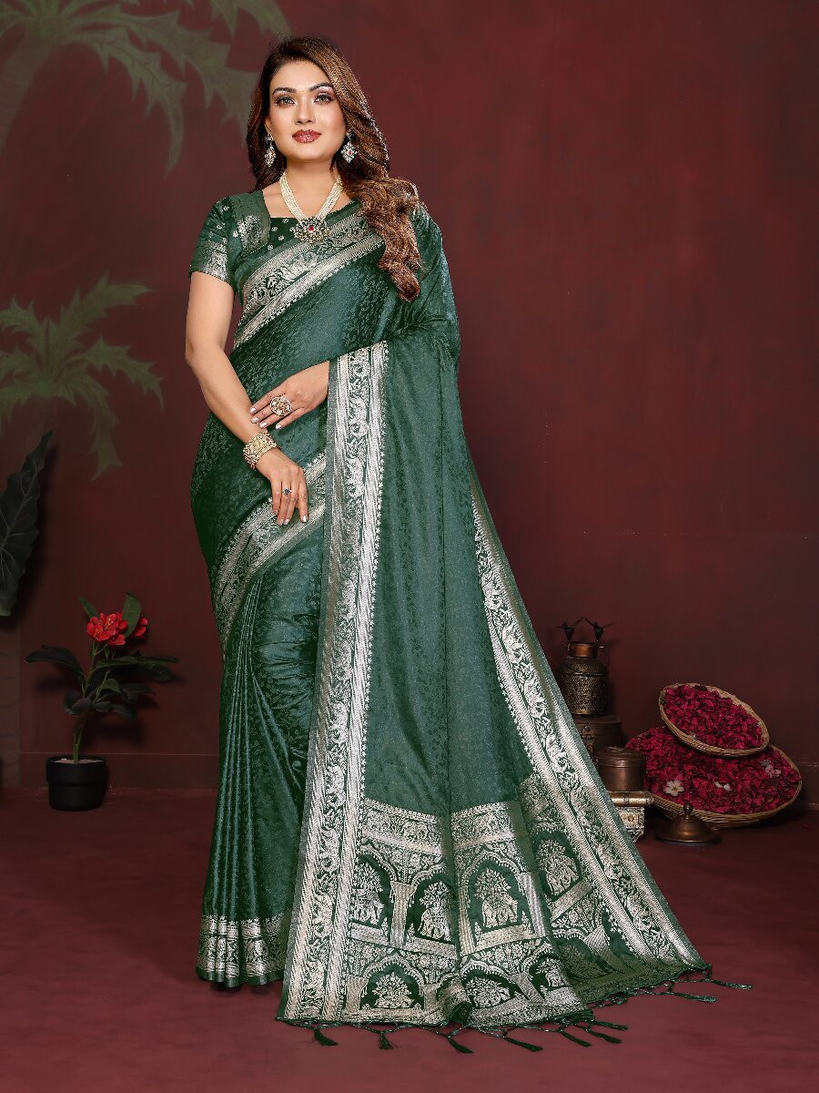 Green Soft Satin Silk Zari Kanjivaram Wedding Reception Party Festival Heavy Border Sarees