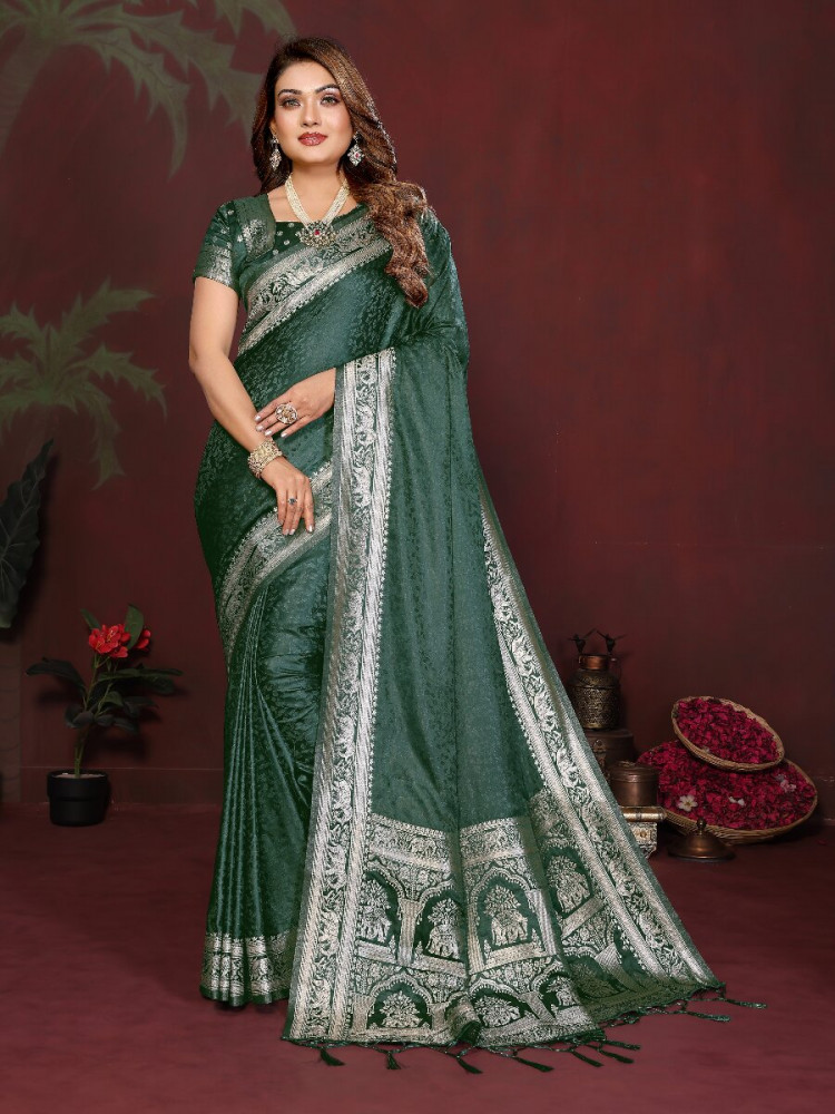Image of Green Soft Satin Silk Zari Kanjivaram Wedding Reception Party Festival Heavy Border Sarees