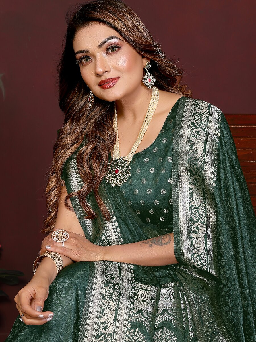 Green Soft Satin Silk Zari Kanjivaram Wedding Reception Party Festival Heavy Border Sarees