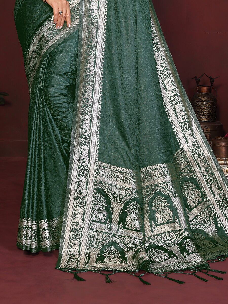 Green Soft Satin Silk Zari Kanjivaram Wedding Reception Party Festival Heavy Border Sarees
