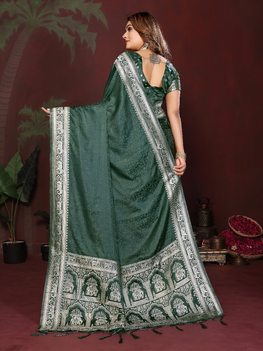 Green Soft Satin Silk Zari Kanjivaram Wedding Reception Party Festival Heavy Border Sarees