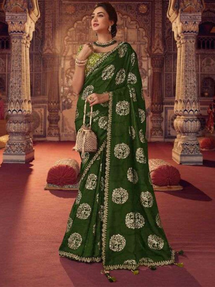 Green Soft Silk Embroidered Wedding Festival Classic Style Saree