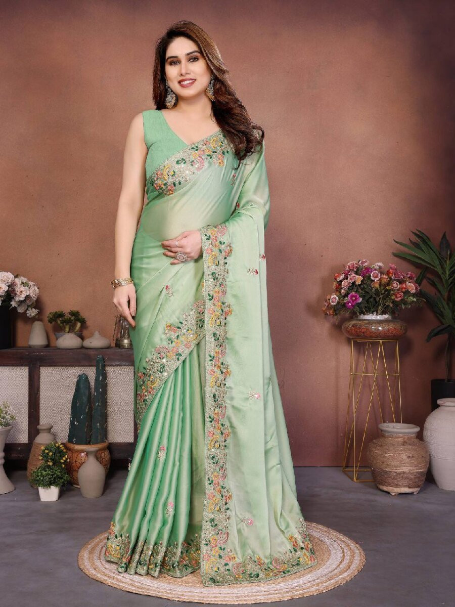 Green Soft Silk Embroidery Wedding Reception Party Festival Casual Heavy Border Sarees